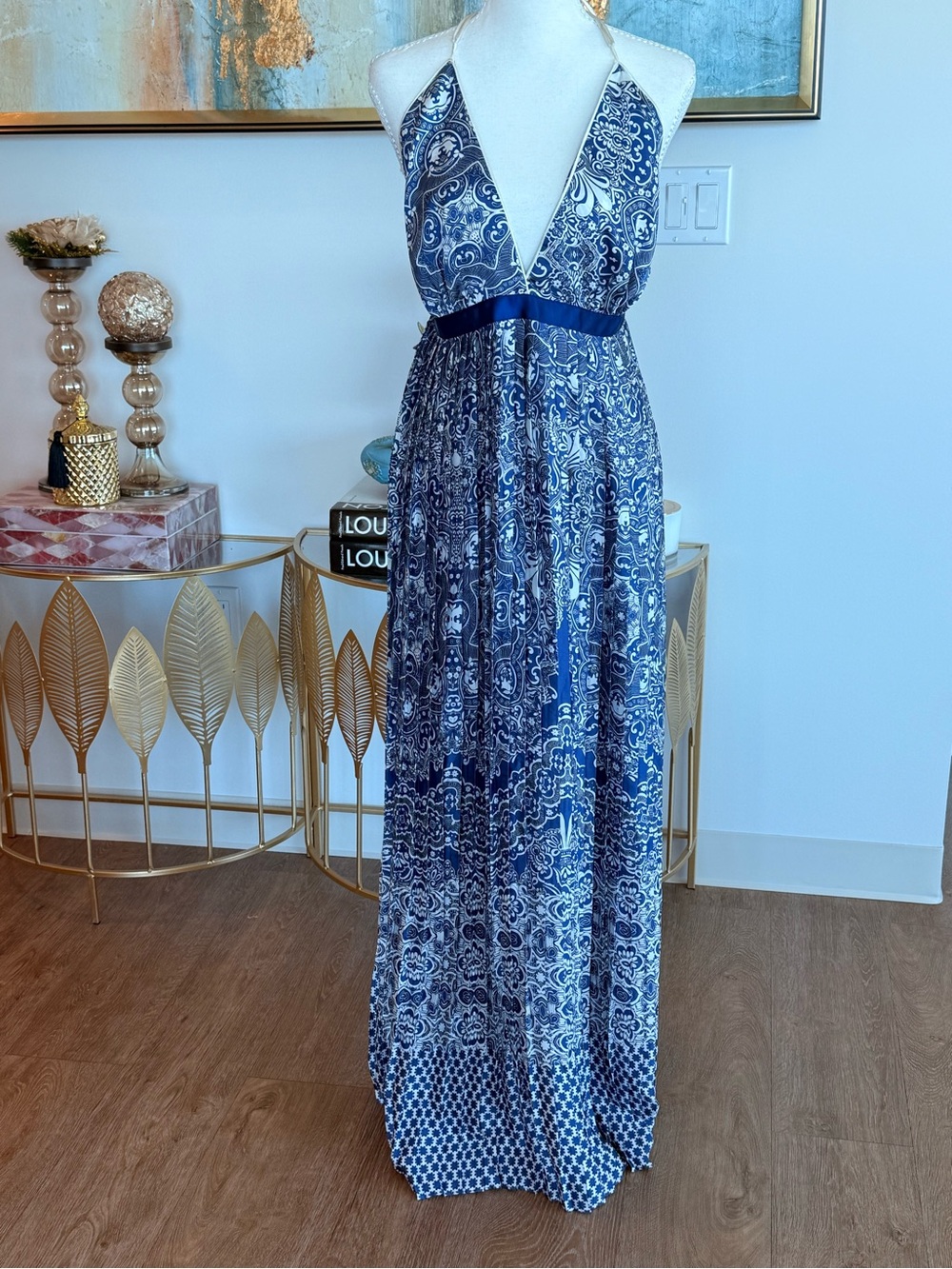 Blue Patterned Halter Maxi Dress